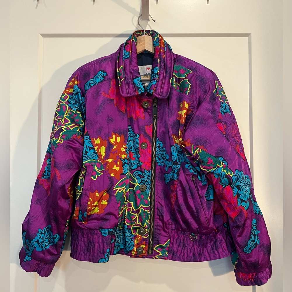 Obermeyer Vintage Purple Floral Abstract Art to Wear Ski Oversized Jacket Size 6